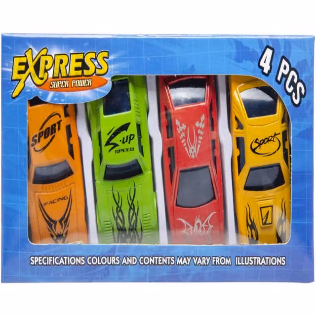 LG-Imports Pack of 4 Express Super Power Sports Car Toy Vehicles in White and Multicolour