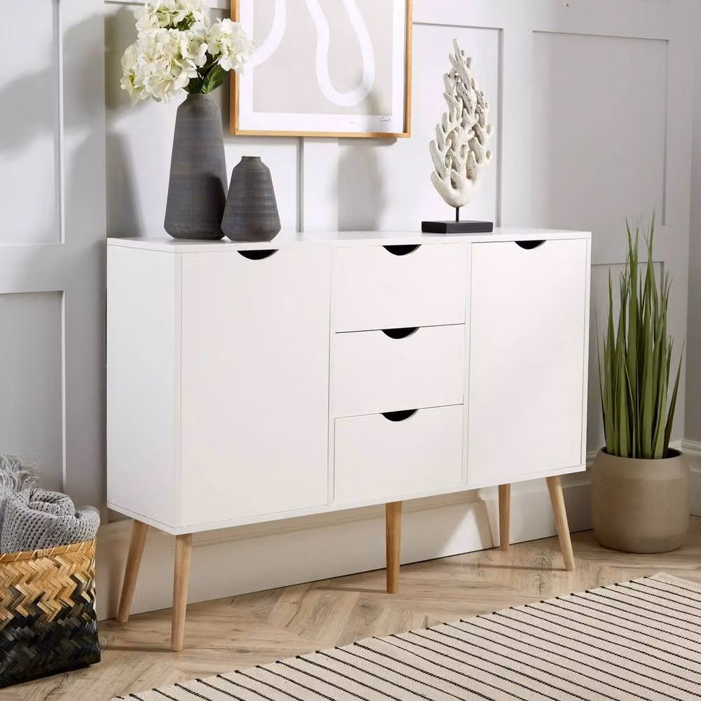 FORGEVIO Modern White Sideboard Storage Cabinet with 2 Doors, 3 Drawers and Wood Legs – 2