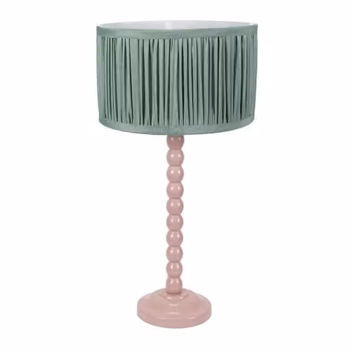 ValueLights Rose Pink Bobbin Stem Table Lamp with Green Ruched Pleated Fabric Shade and LED Bulb