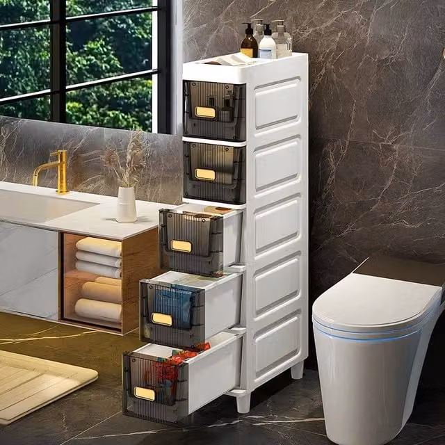 SPETLEK 5 Tier Slim Storage Cabinet with Narrow Slide Out Drawers in Grey and White, H: 100 cm, W: 15 cm