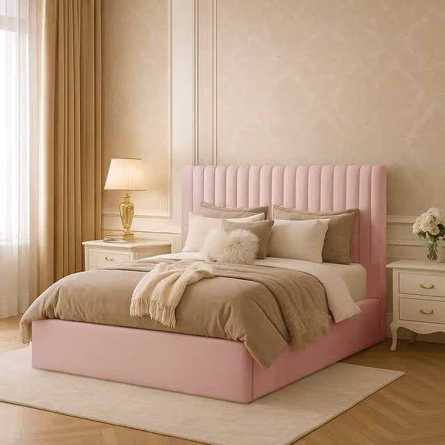 Desire Deco Modern Upholstered Velvet Bed Frame in Pink, W/D/H: 180 x 200 cm