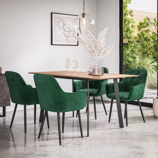 More4Homes Haydon Extending Dining Table and Anika Green Velvet Dining Chairs Set of 6, Oak Effect Table Top with Black Legs, W/D/H: 120 x 80 x 76 cm – 1