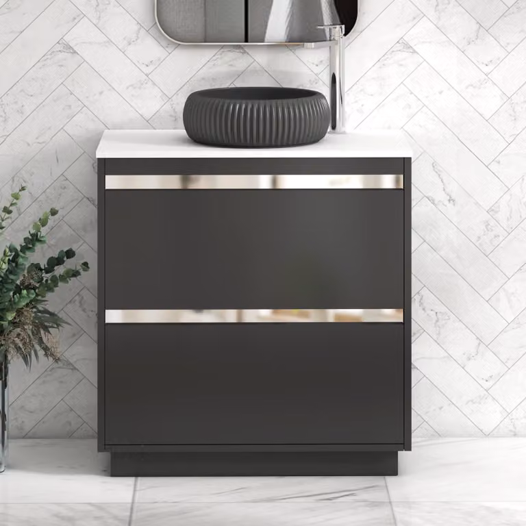 Royal Bathrooms Orion 800mm Matt Obsidian Black Floor Standing 2 Drawer Vanity Unit with Plain White Countertop, Milan Black Basin and Chrome Accent Trim