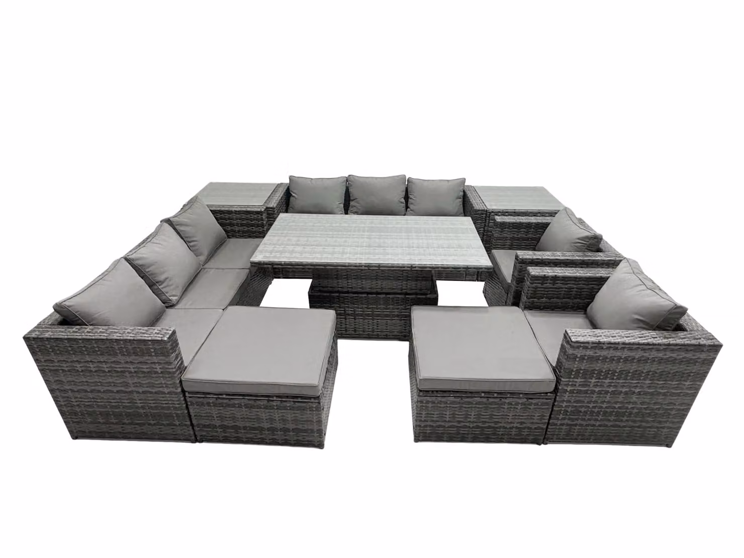Fimous 10-Seat Rattan Outdoor Dining Set with Sofa, 2 Side Tables and Stools in Dark Grey – 2