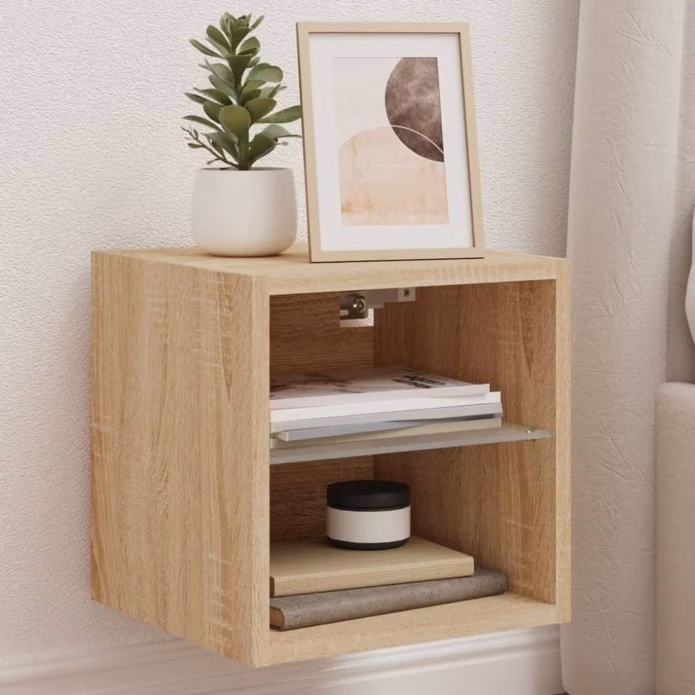 Berkfield Home TV Wall Cabinet with LED Lights in Sonoma Oak and Light Tan, W/D/H: 30 x 28.5 x 30 cm – 2