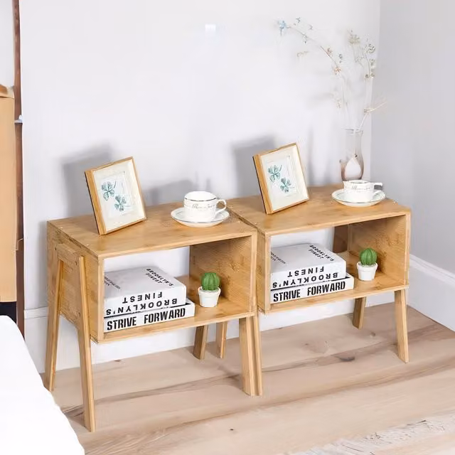 Rafaelo Mobilia Set of 2 Brown Bamboo Stackable Bedside Tables – 1