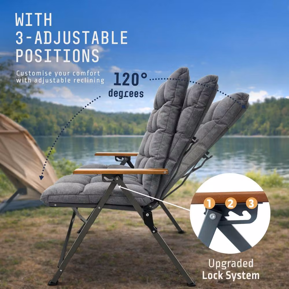 Voyager Grey Relax Recliner Folding Camping Chair with Armrests and Cushions – 3