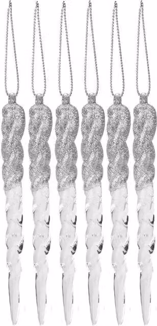 VFM e-Store Silver Glitter Snowflake and Icicle Christmas Tree Hanging Ornaments, Pack of 6, 12 cm