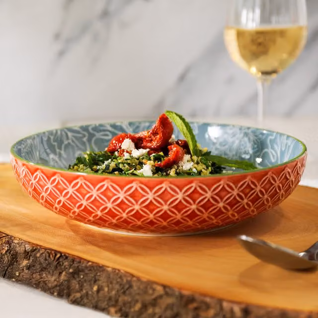 Mikasa Geometric Leaf Stoneware Bowls, Set of 4, Blue and Red, 900ml
