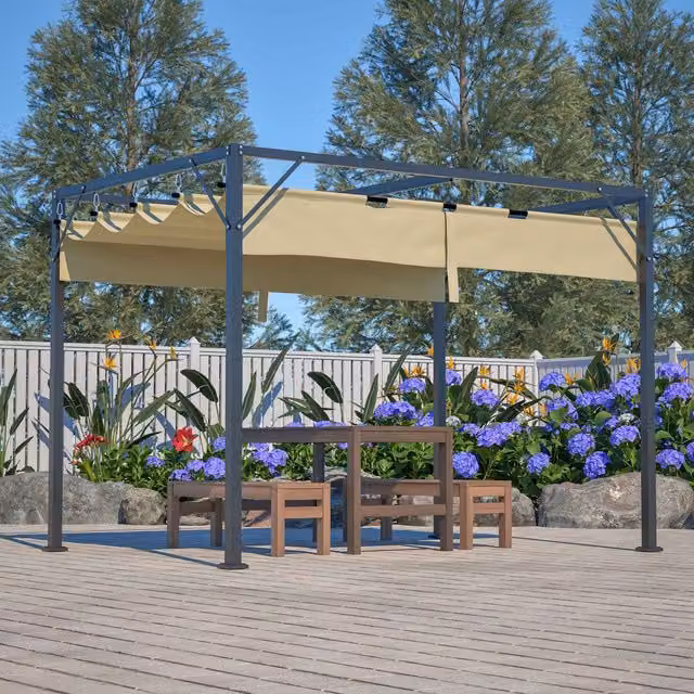 BIRCHTREE Steel Frame Pergola with Adjustable PE Canopy in Beige, W: 300 cm, D: 200 cm, H: 300 cm