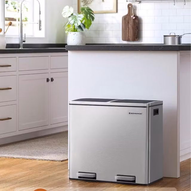 SONGMICS Dual Metal Pedal Rubbish and Recycling Bin in Silver