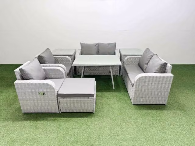Fimous 7 Seater Rattan Garden Furniture Set with Love Sofa in Light Grey