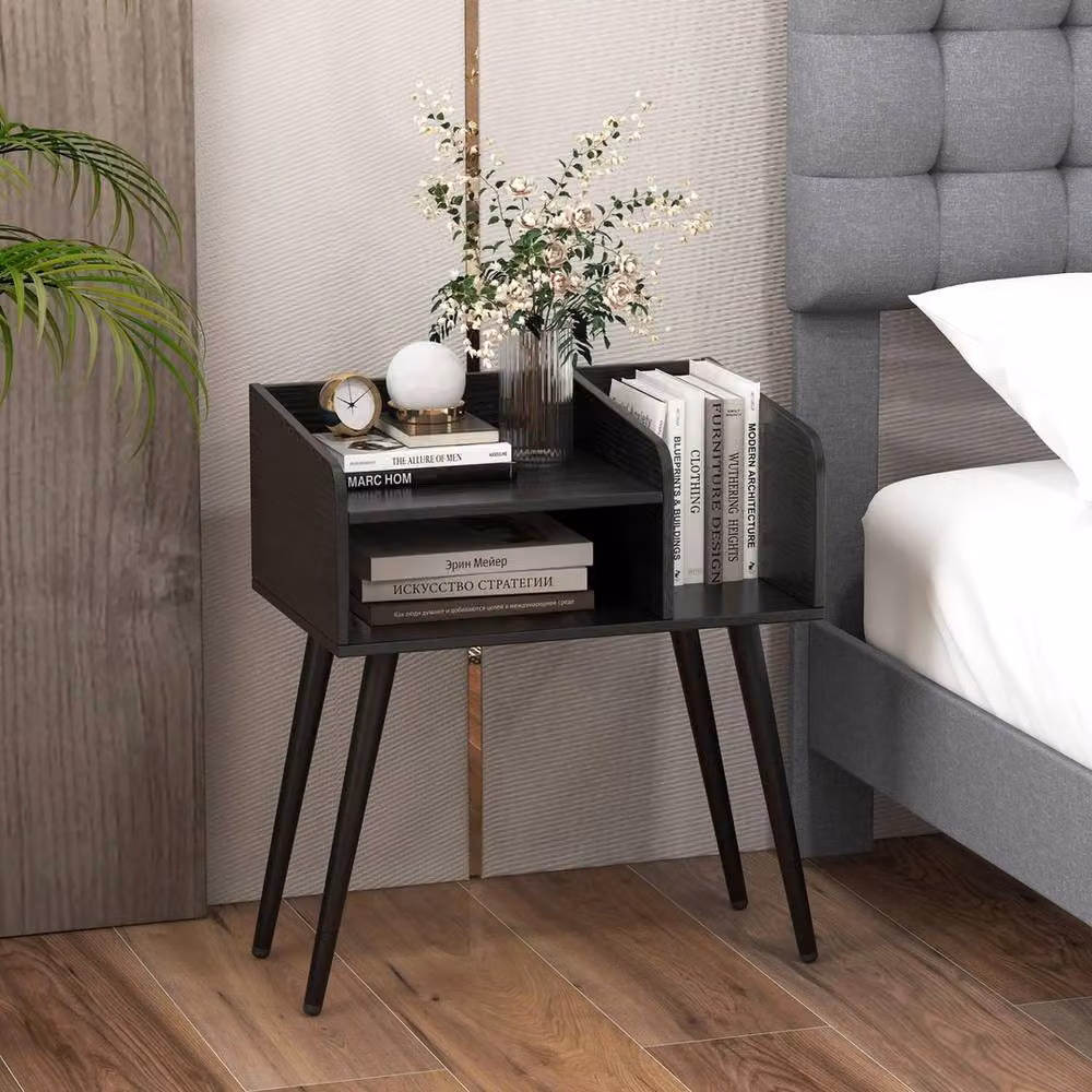 Havendro Mid Century Modern Black Metal End Table and Nightstand with Open Shelves – 4