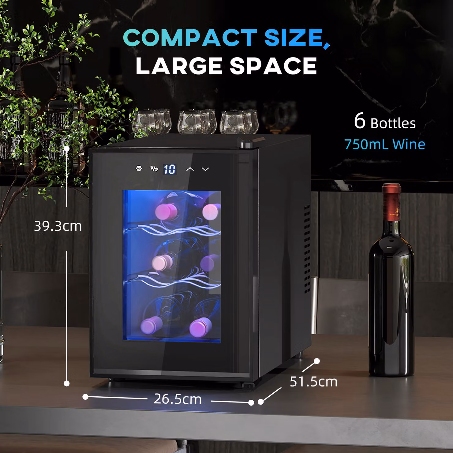 HOMCOM Black Countertop Wine Fridge with Glass Door and 6 Bottle Rack, 8-18 degrees Celsius – 3