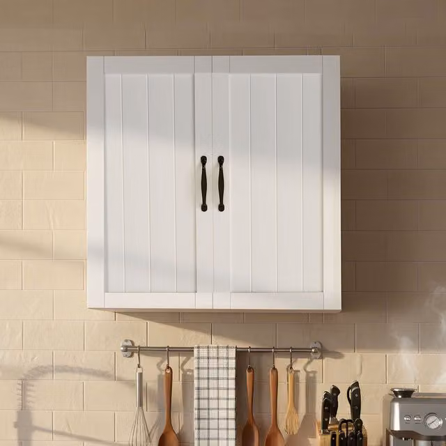 Levede Modern White Wall Mounted Kitchen and Bathroom Cabinet with Hinged Doors, W/D/H: 59.5 x 31.5 x 59.5 cm