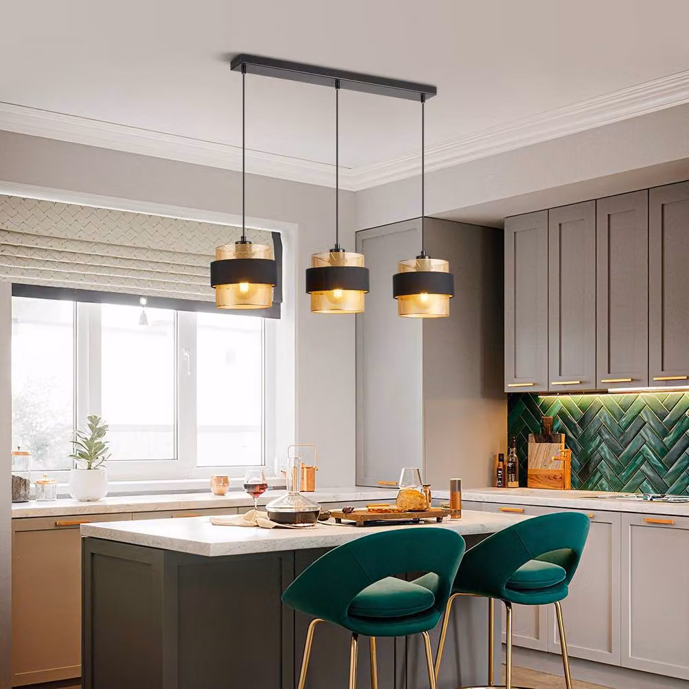 Harper Living 3-Light Modern Suspended Pendant Light in Black Fabric and Gold Metal – 4