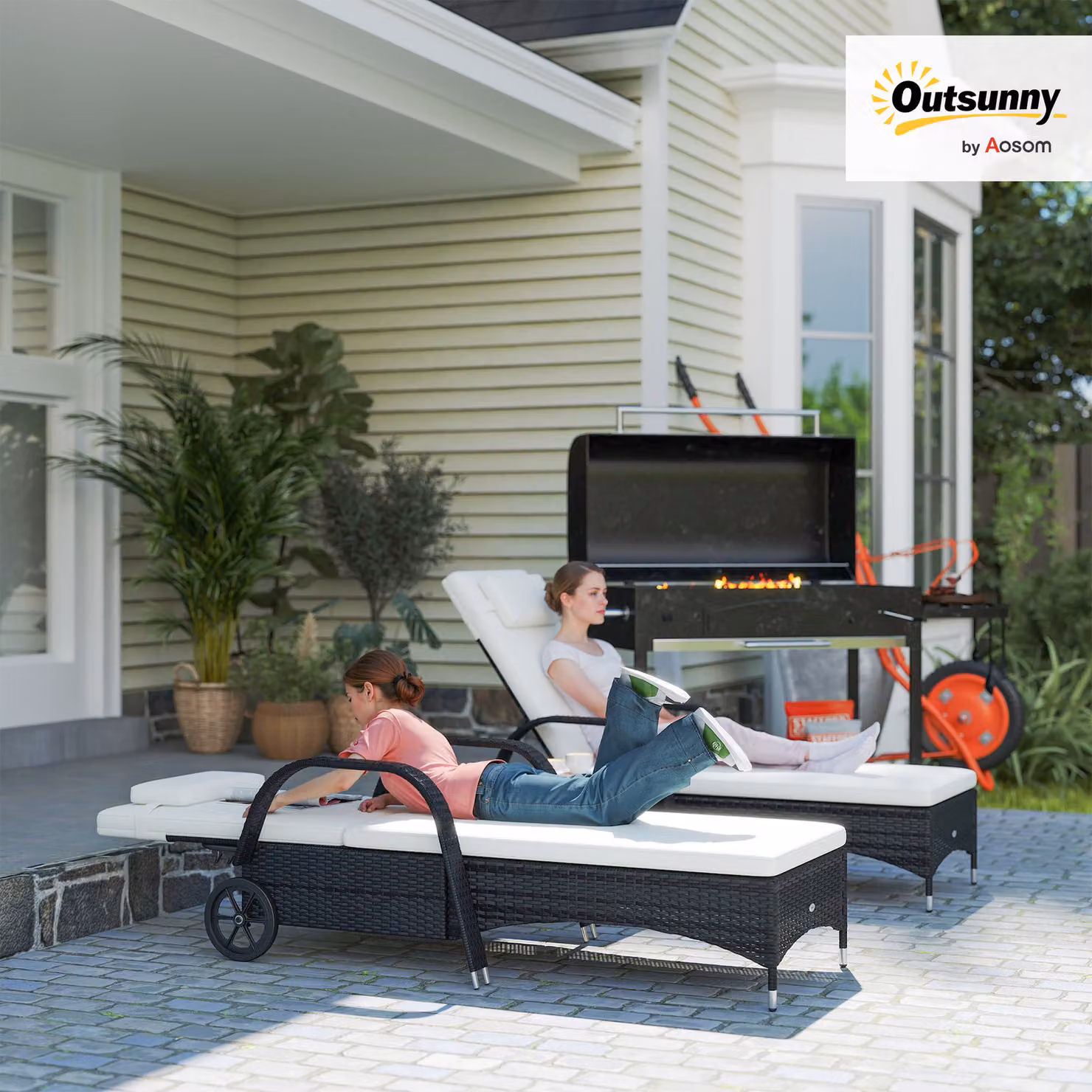 Outsunny 3 Piece Black PE Rattan Patio Lounge Chair Set with Cushions and Side Coffee Table – 2