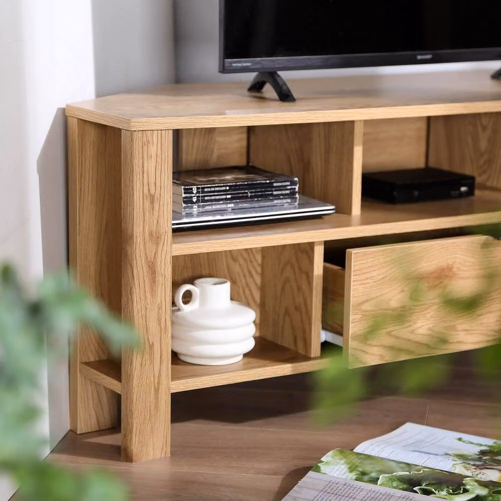 CALICOSY Corner TV Unit with 1 Drawer, Oak Finish, Light Brown, W/D/H: 120 x 40 x 45 cm – 5