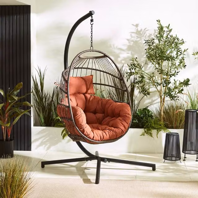 FurnitureboxUK Boho Orange PE Rattan Outdoor Hanging Egg Chair with Cushions and Cover