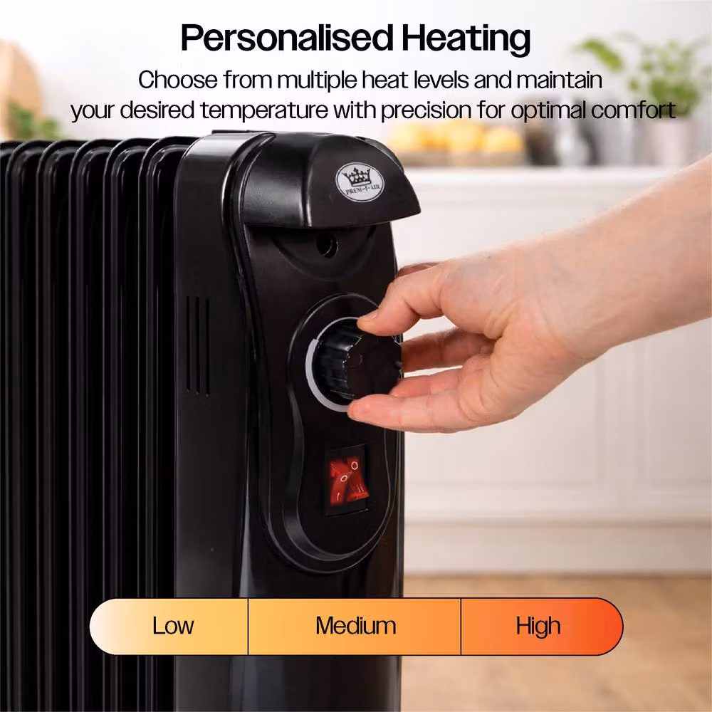 Prem-i-Air 2kW 9-Fin Portable Oil Filled Radiator Heater in Black with Adjustable Thermostat and Safety Cut-Off – 6