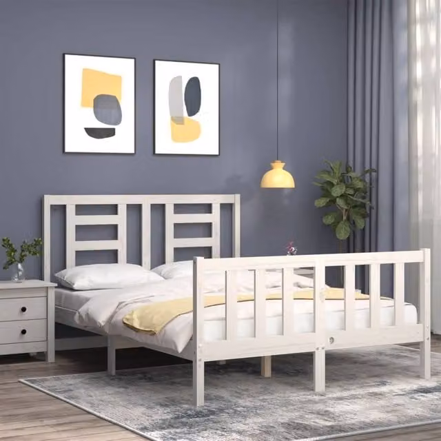Berkfield Home Beautiful Bed Frame with Headboard in White Solid Pine Wood, W/D/H: 140 x 190 cm