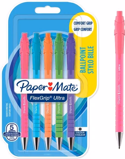 Paper Mate FlexGrip Ultra Bright Ballpoint Pens with Black Ink, Pack of 5