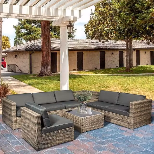 OUTSUNNY 8-Piece Brown Rattan Patio Sofa Set with Cushions and Side Table – 1