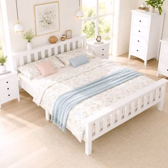 Merax White Solid Pine Wooden Bed Frame for Children, W/D/H: 90 x 190 x 82 cm