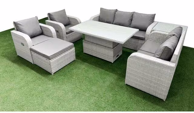 Fimous 8-Piece PE Rattan Garden Sofa Set with Reclining Chairs and Lifting Table in Light Grey