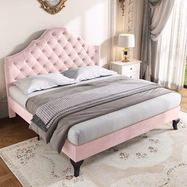 Rolipo Pink Velvet Upholstered Double Bed Frame with Adjustable Headboard, W: 140 cm, D: 200 cm