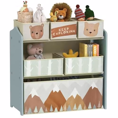 ZONEKIZ Kids Toy Storage Unit with 6 Fabric Bins, Green, W: 63 cm, D: 30 cm, H: 66 cm – 1