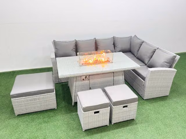 Fimous 9 Seat Rattan Garden Furniture Corner Sofa Set with Gas Firepit Table in Light Grey