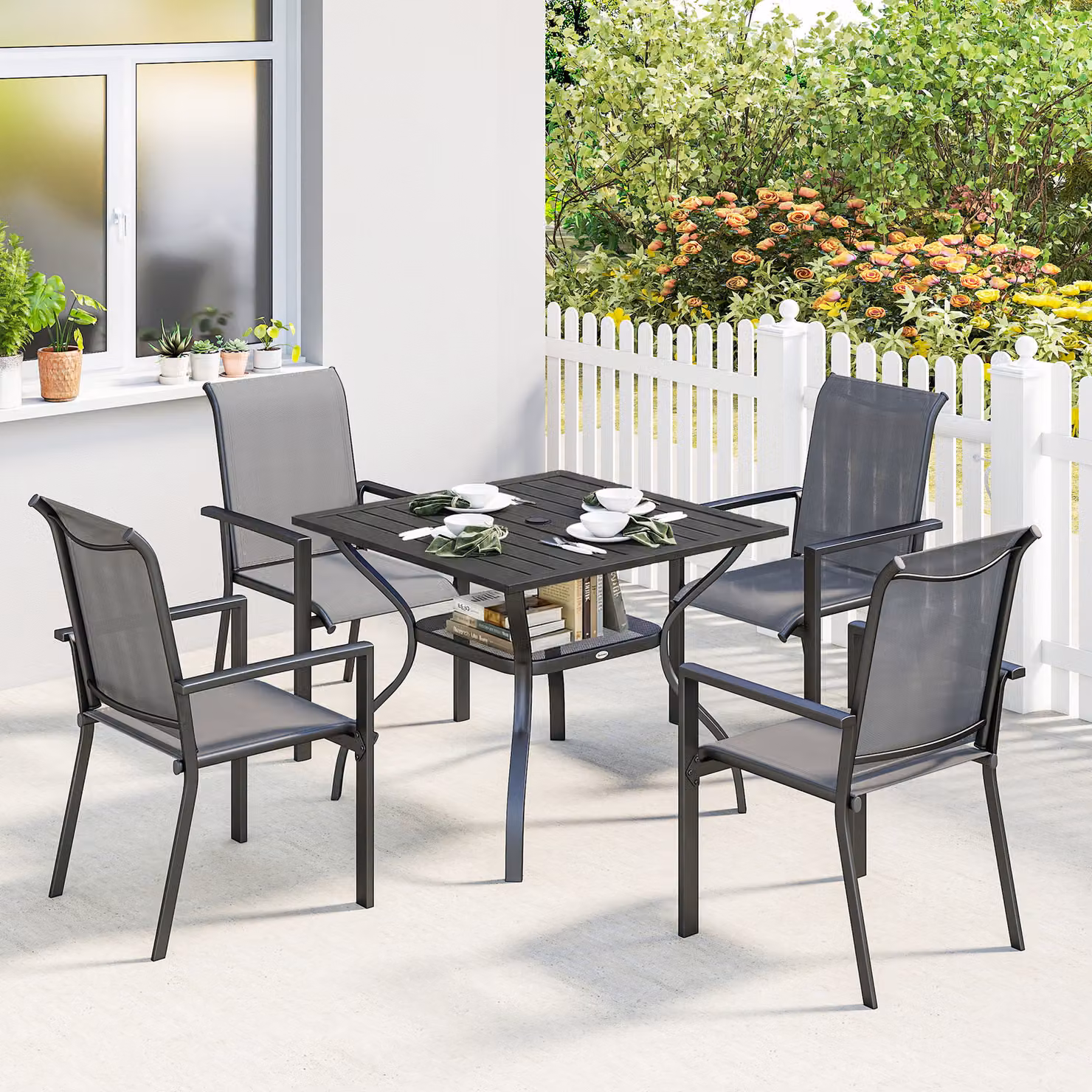 Outsunny 5 Piece Outdoor Dining Set in Grey with Square Table and Stackable Chairs – 2