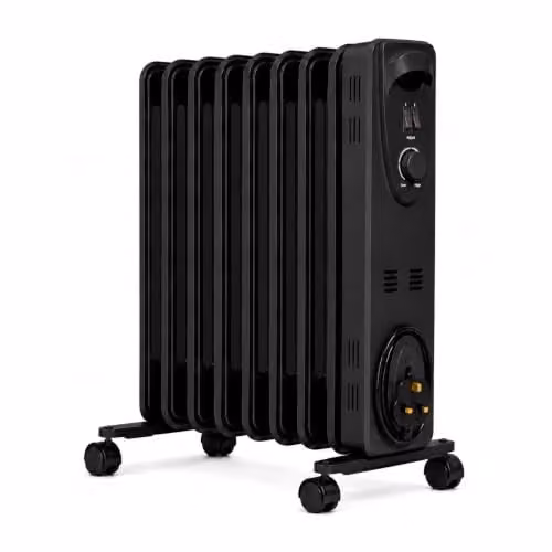 Mylek 2000W Oil Filled Radiator in Black, Freestanding with Thermostat and Tilt Protection, H 55 cm x W 39 cm x D 39 cm
