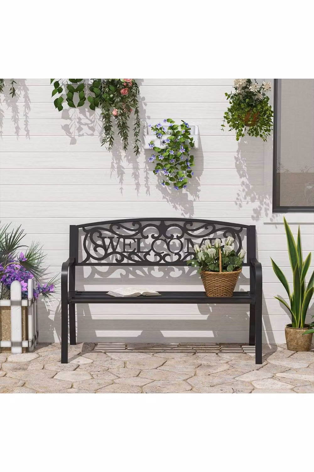 ERGOVEXA Matt Black Powder Coated Steel Garden Bench, W: 126 cm, D: 60 cm, H: 85 cm – 2