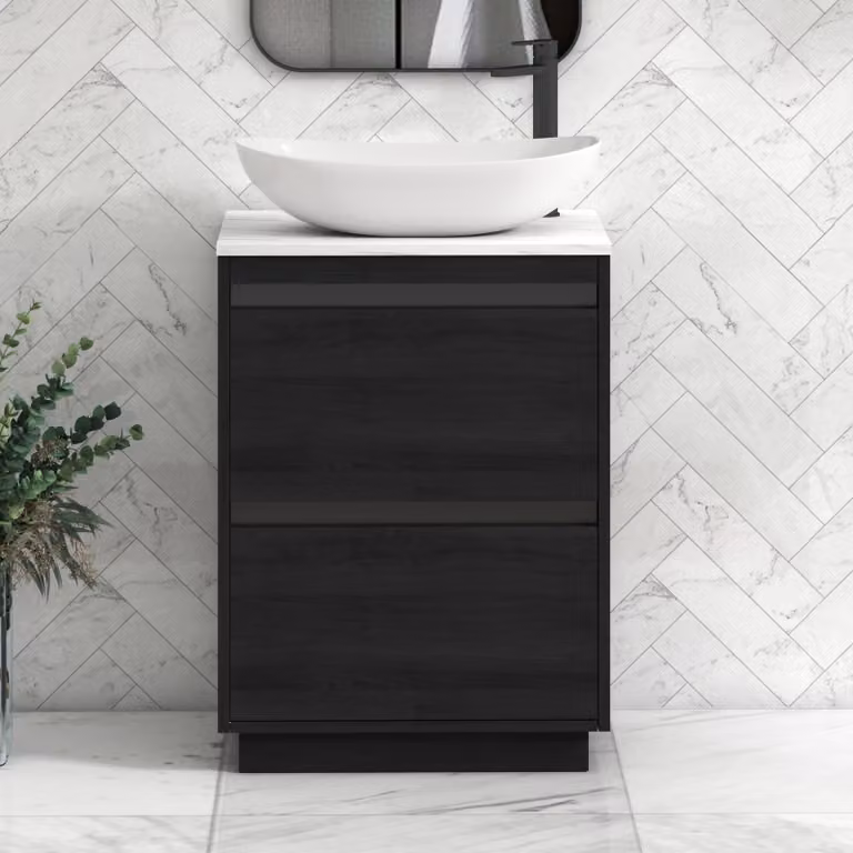 Royal Bathrooms Orion 600mm Hale Black Floor Standing Vanity Unit with Cesar Basin and Carrara White Countertop, 2 Drawers and Black Accent Trim