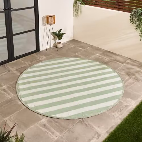 OHS Round Striped Outdoor Garden Rug in Green and White, Diameter: 170 cm – 1