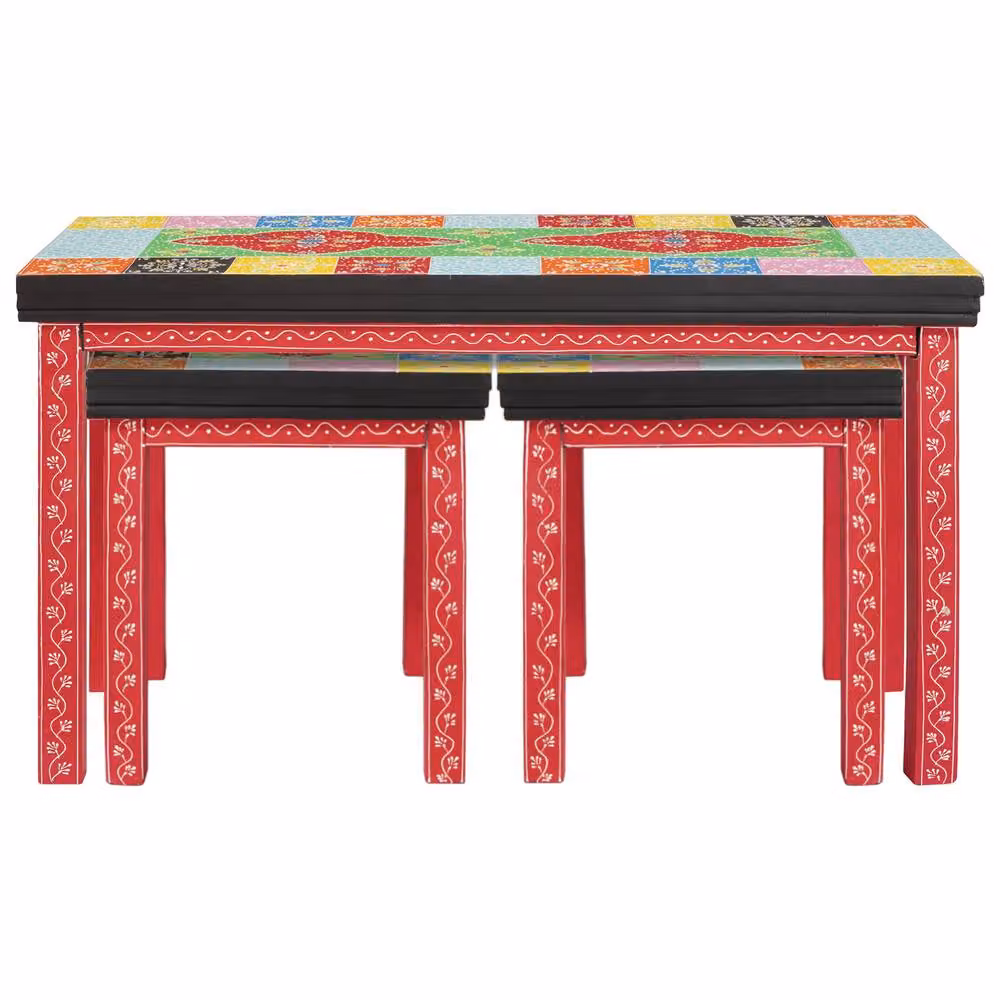 Berkfield Home Set of 3 Geometric Mango Wood Nesting Tables in Red and Multicolour – 3