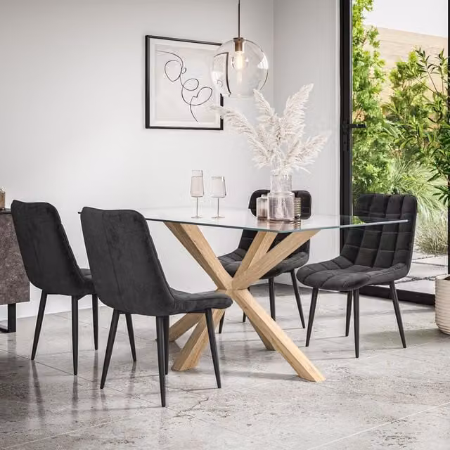 More4Homes Etta Glass Dining Table and Nova Black Velvet Chair Set of 4 with Solid Oak Legs