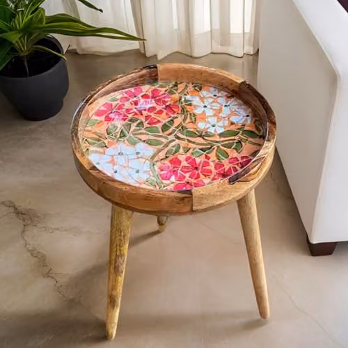 Hartsmede Mango Wood Round Side Table with Multicolour Red Mosaic Enamel Top, W/D/H: 38 x 38 x 46 cm – 1