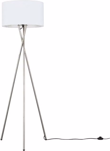ValueLights Camden Tripod Floor Lamp in Brushed Chrome with White Fabric Drum Shade and Bulb Included – 1