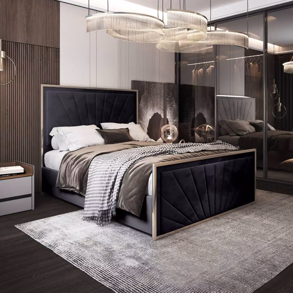 Casani Somerford King Size Upholstered Velvet Designer Bed Frame in Black with Metal Details, W/D/H: 180 x 200 cm – 2