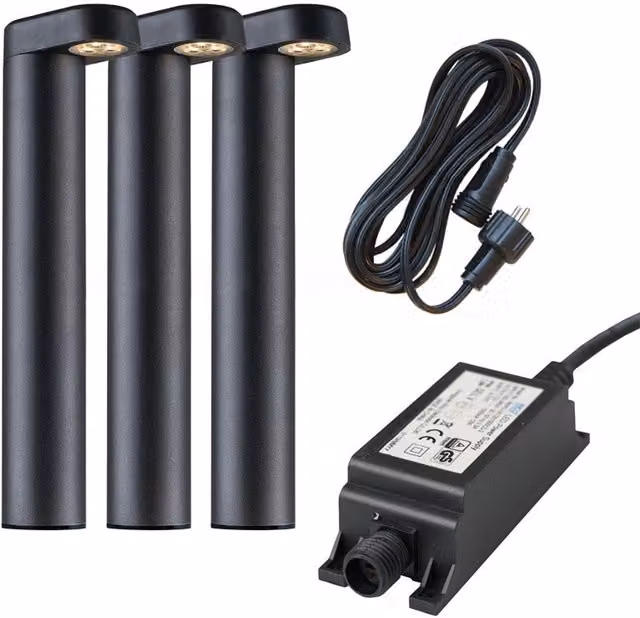 Ludeco Oskar 12V 3-Light Post Kit in Black with Stainless Steel and Glass