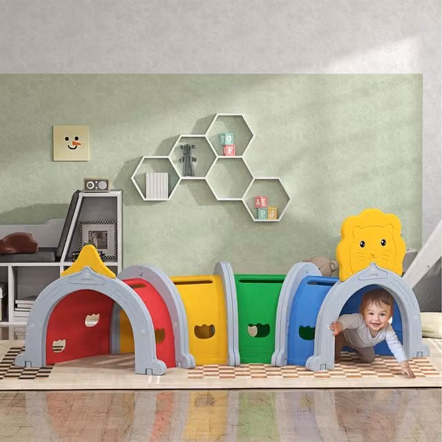 AIYAPLAY Kids Play Tunnel with Lion Design, Yellow and Multicolour