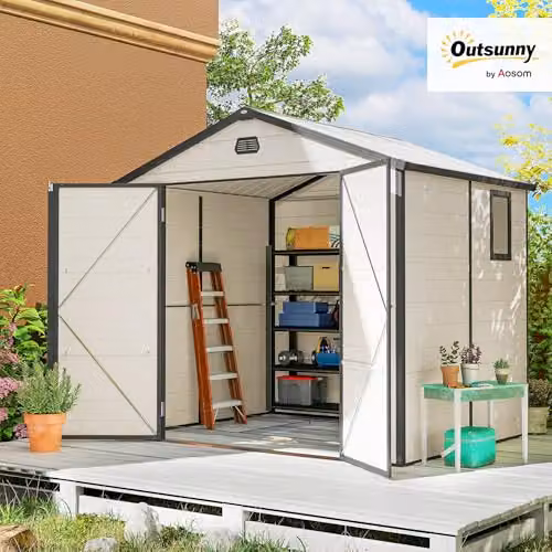 Outsunny Pent Garden Storage Shed with Foundation Kit, Window and Side Vents, White – 2