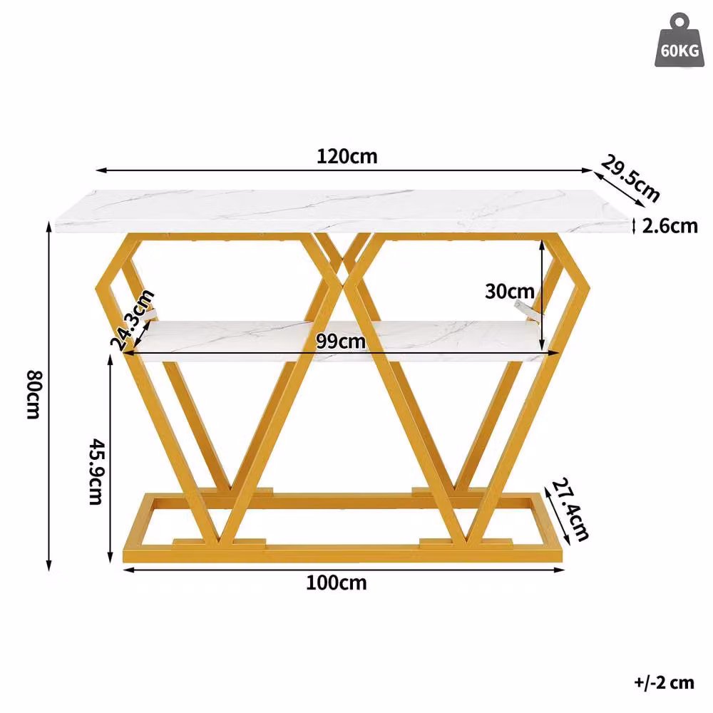 Rolipo Modern White Marble Effect Console Table with Gold Legs, W: 120 cm, D: 40 cm, H: 80 cm – 2