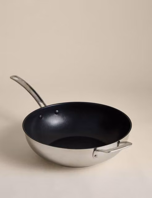 M&S Non-Stick Stainless Steel Wok, Silver, 30cm