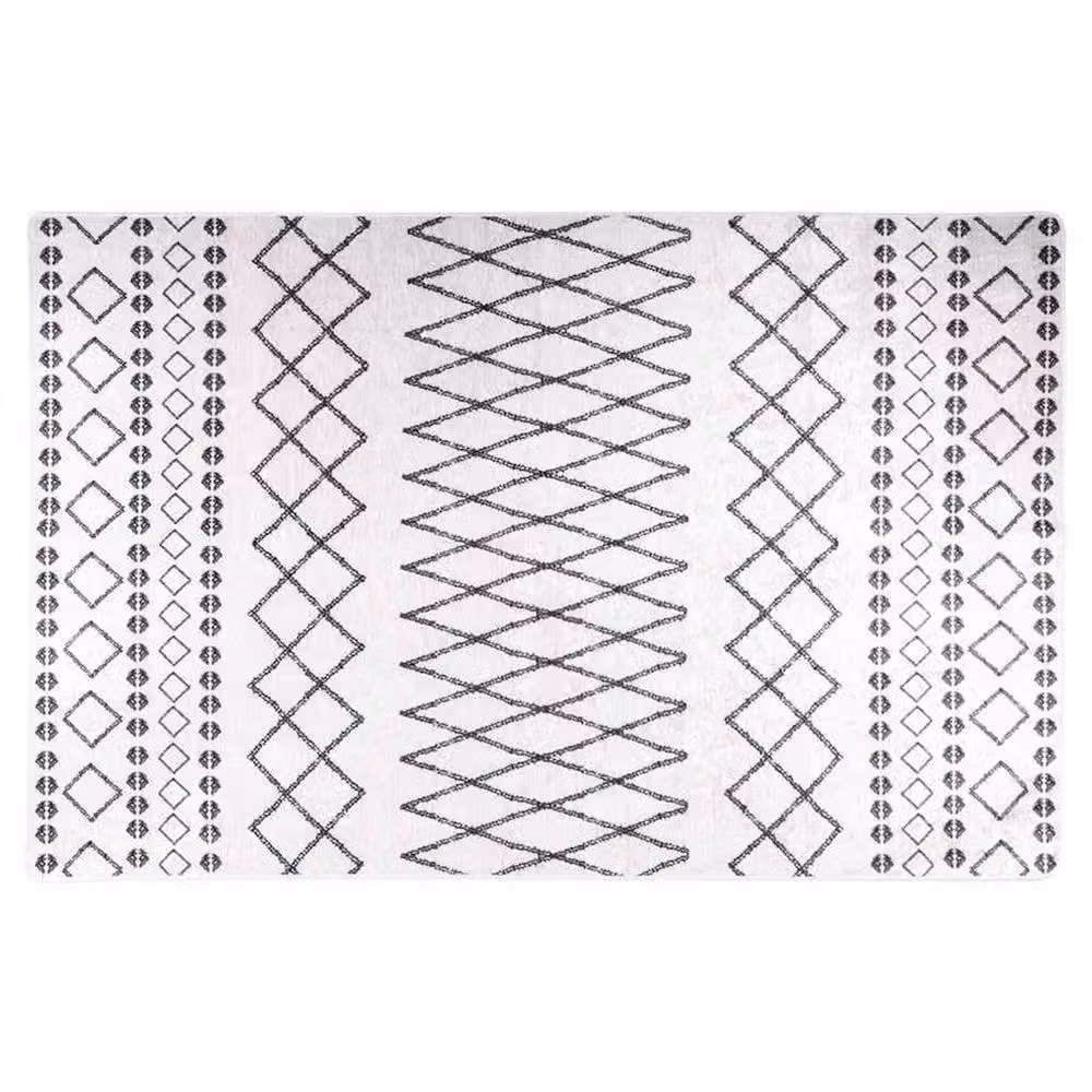 Berkfield Home Washable Geometric Round Rug in Black and White with Anti Slip and Sound Absorbing Properties, W: 150 cm