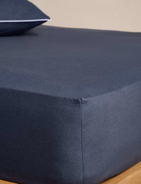 M&S Pure Linen Deep Fitted Sheet, Blue, 180 x 200 cm
