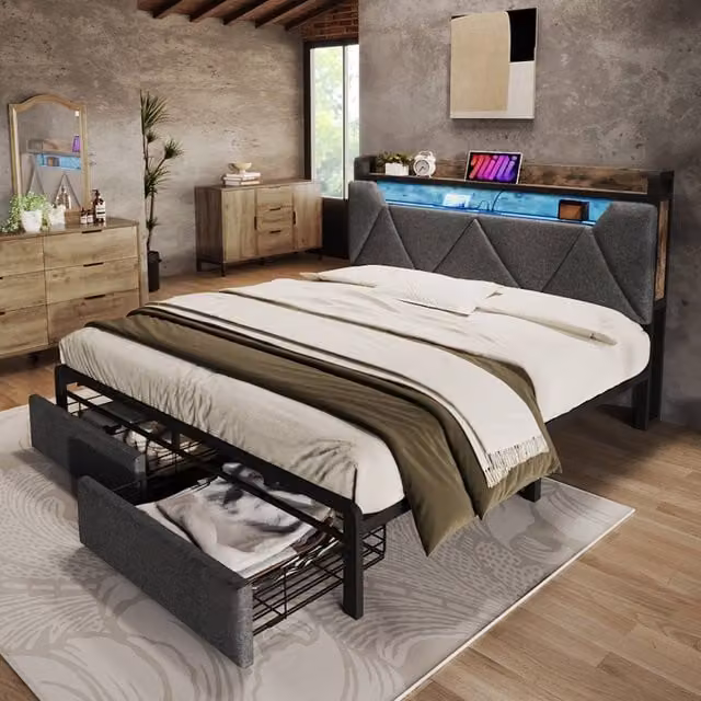 Merax Grey Upholstered Single Storage Bed with LED Under-Bed Lighting, USB Charging Port and Drawers, W/D/H: 90 x 190 x 110 cm – 1